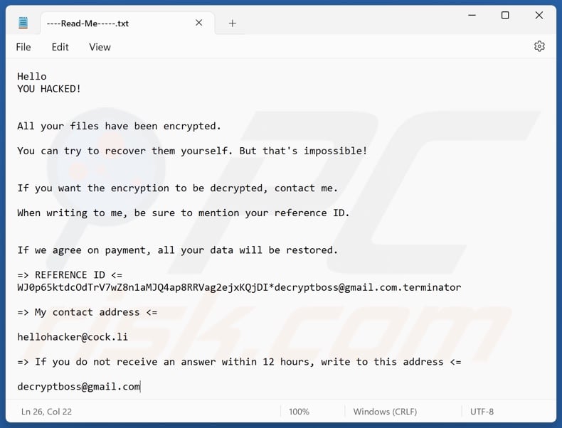 Terminator ransomware ransom note (----Read-Me-----.txt)