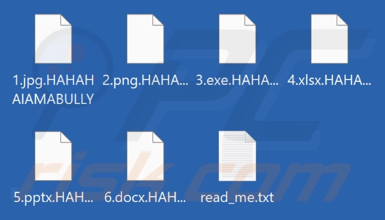 Files encrypted by The Bully ransomware (.HAHAHAIAMABULLY extension)