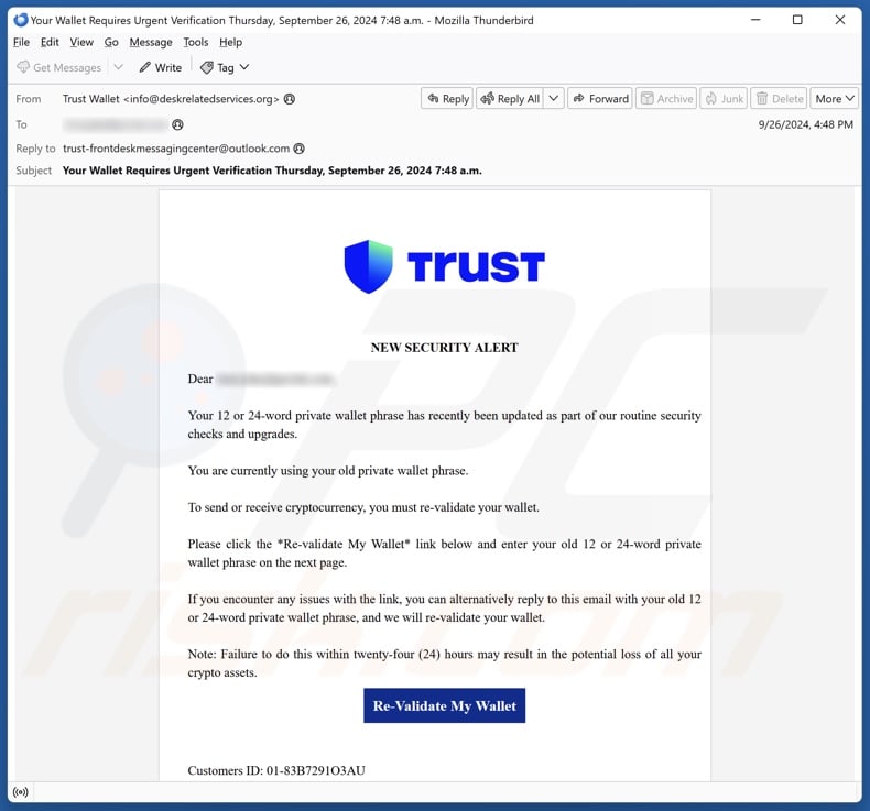 Trust Wallet - New Security Alert email spam campaign