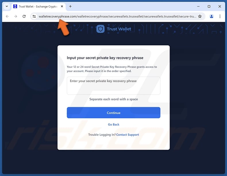 Trust Wallet - New Security Alert scam email promoted phishing site