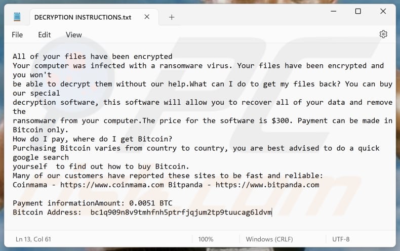 Tyson ransomware text file (DECRYPTION INSTRUCTIONS.txt)