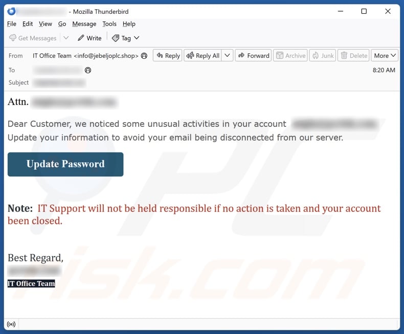 Unusual Activities In Your Account email spam campaign