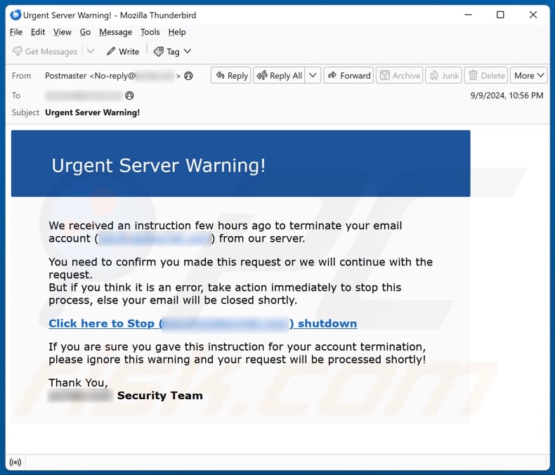 Urgent Server Warning email spam campaign