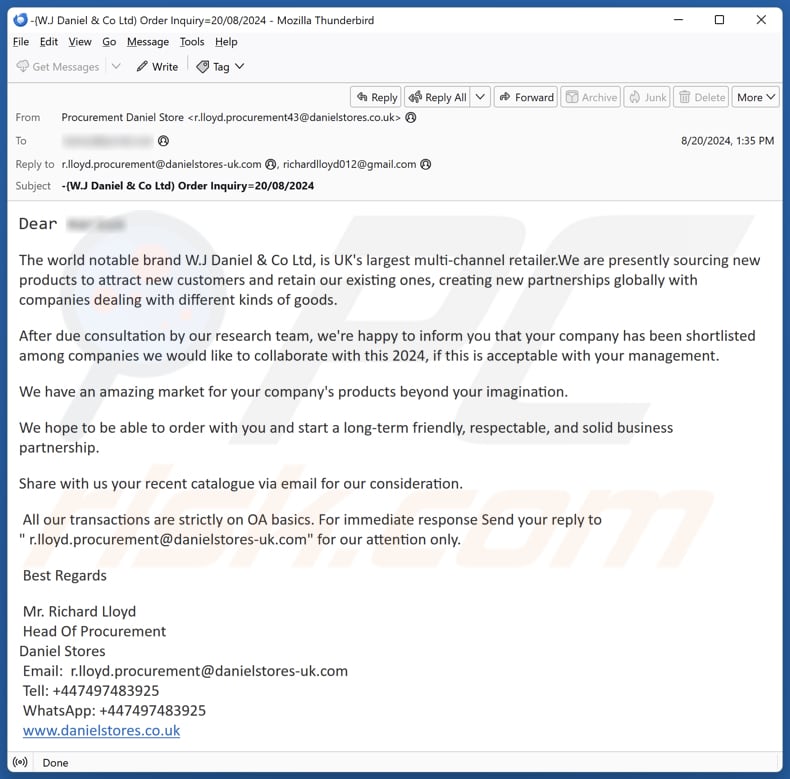 W.J Daniel & Co Ltd email spam campaign