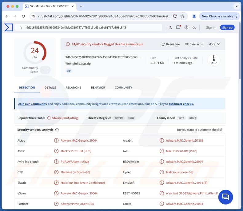 Wrongfully.app adware detections on VirusTotal