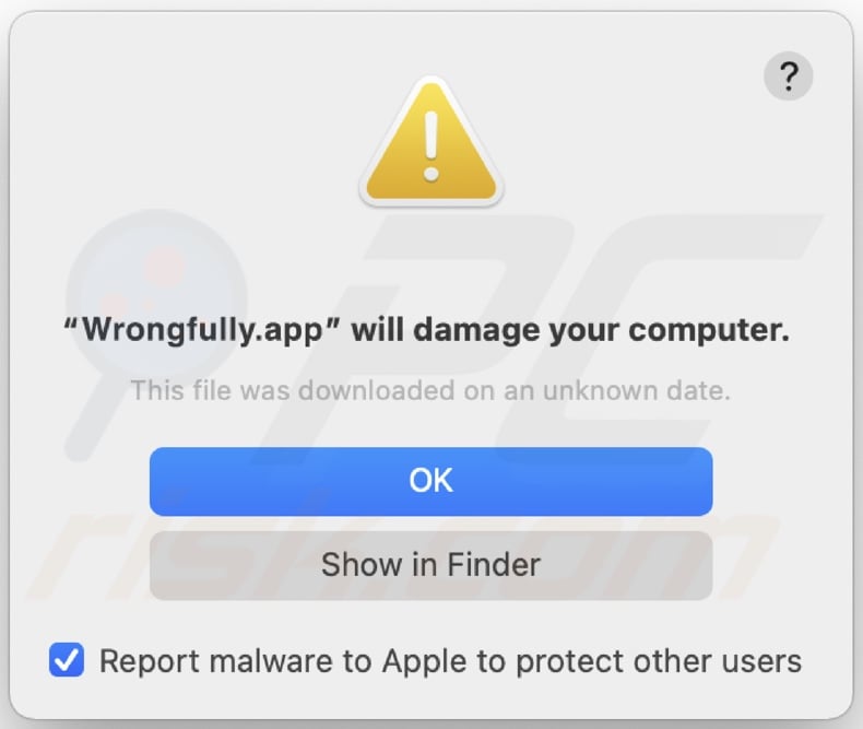 Pop-up displayed when Wrongfully.app adware is detected on the system