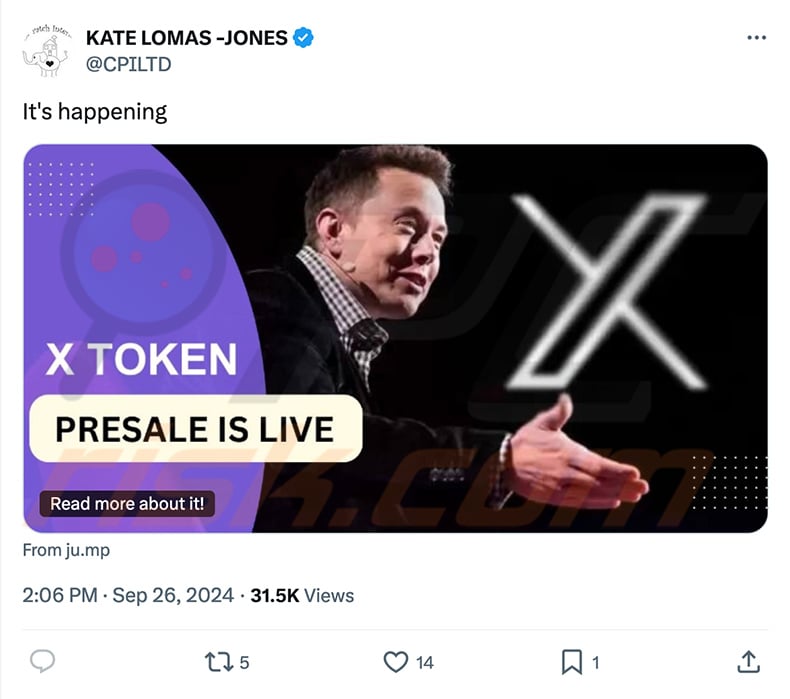 X (Twitter) post promoting X Token Presale scam