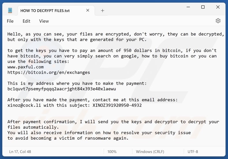 XiN ransomware text file (HOW TO DECRYPT FILES.txt)