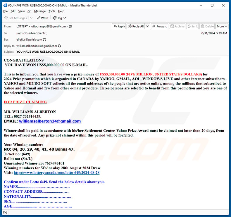 Yahoo Canada Lottery email scam (2024-09-03)