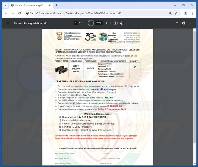 You Are Shortlisted For Tender scam email attachment (Request for a quotation.pdf)