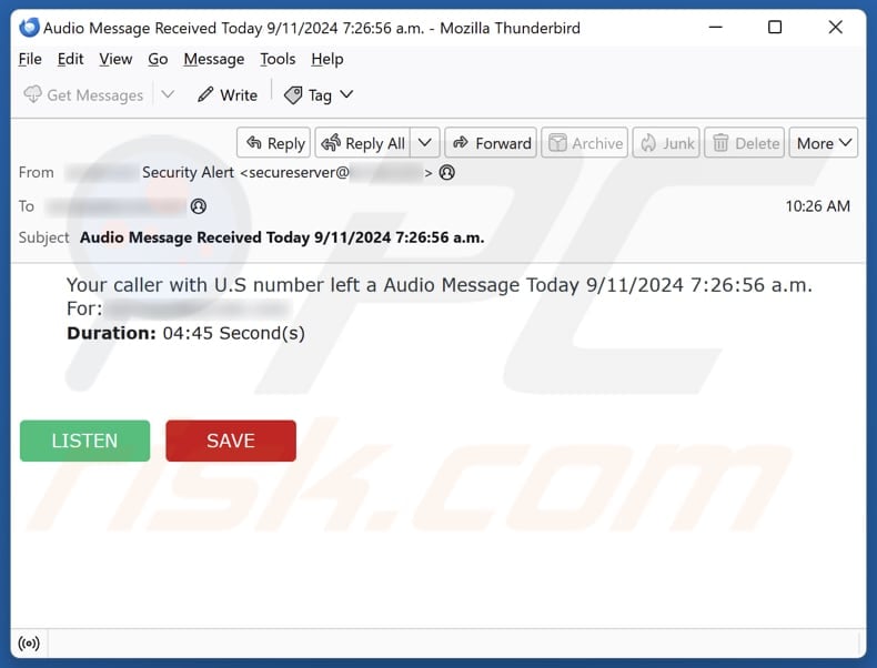 Your Caller Left A Audio Message phishing campaign