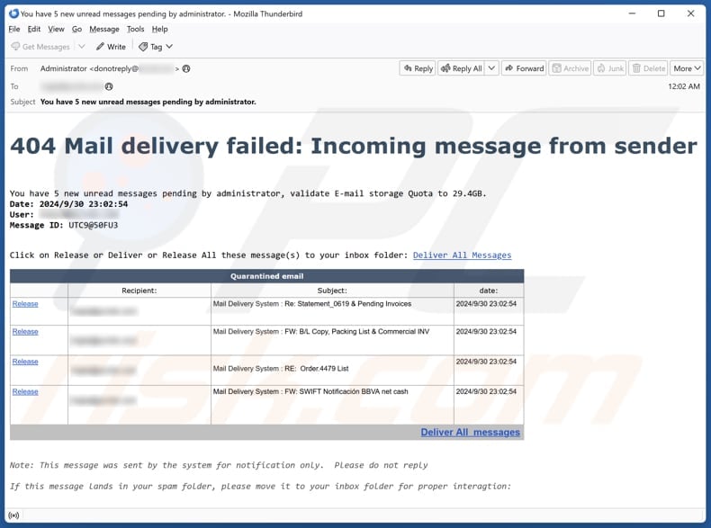 404 Mail Delivery Failed email spam campaign