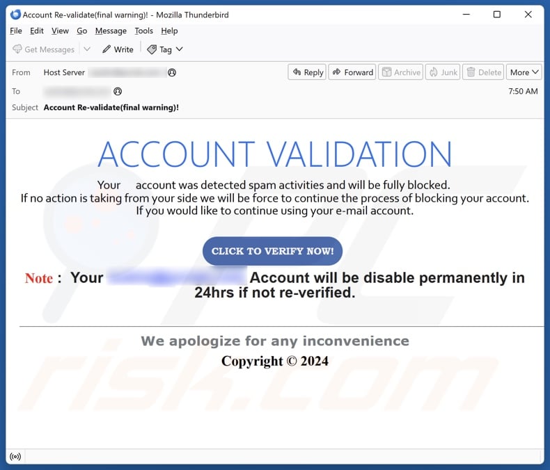 Account Validation email spam campaign