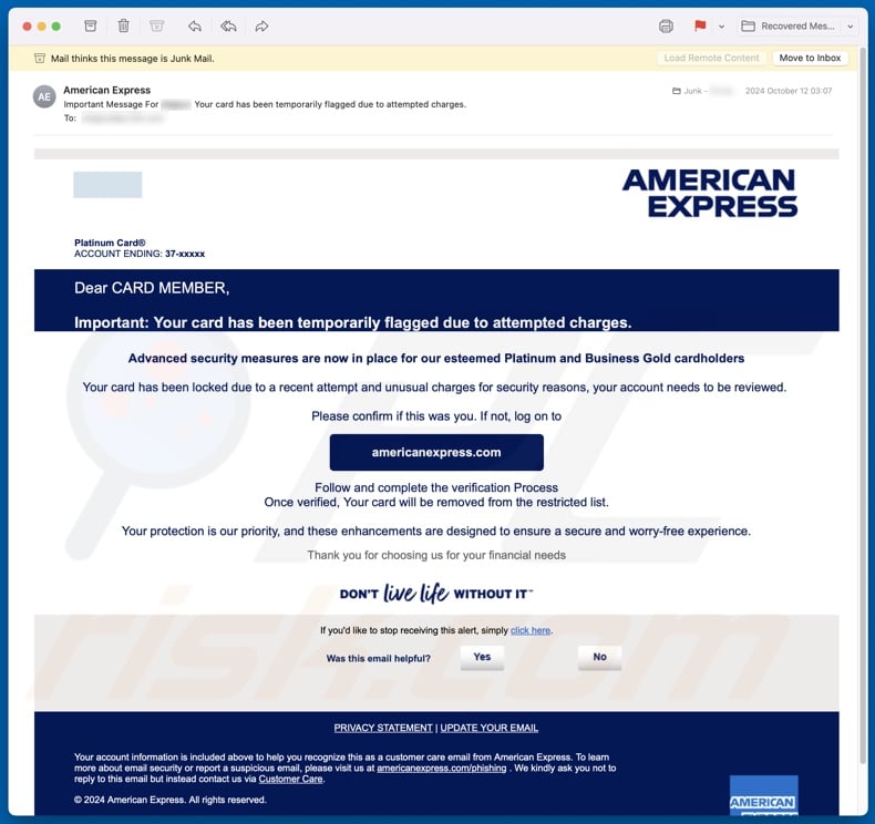 AMERICAN EXPRESS card has been temporarily flagged email spam campaign