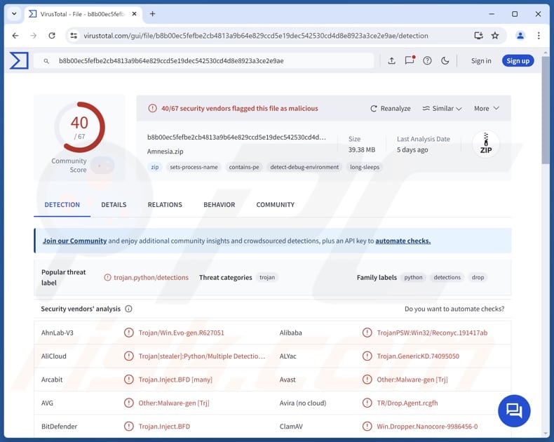 Amnesia malware detections on VirusTotal