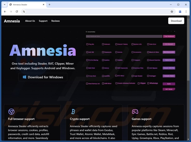 Amnesia malware promotional website