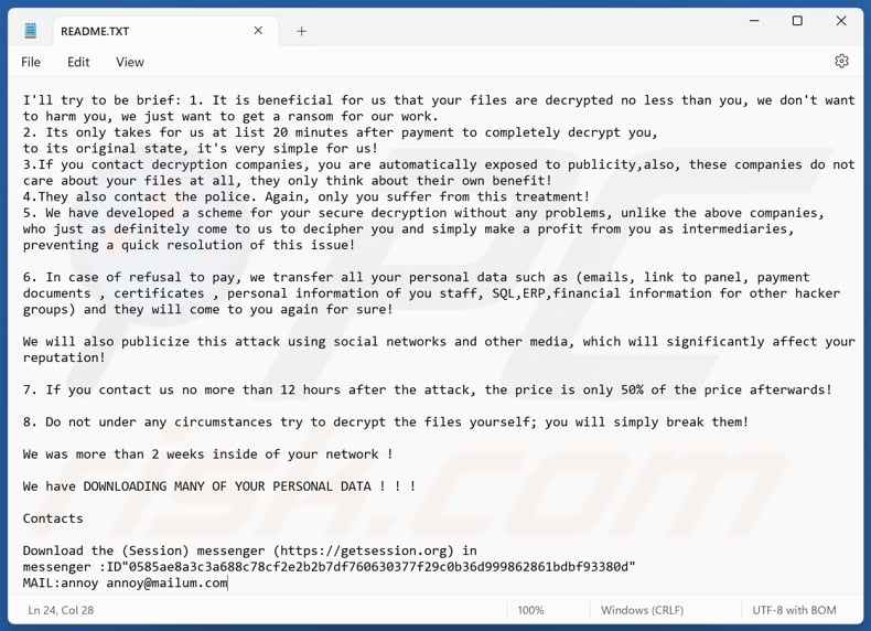 Annoy ransomware ransom note (README.TXT)