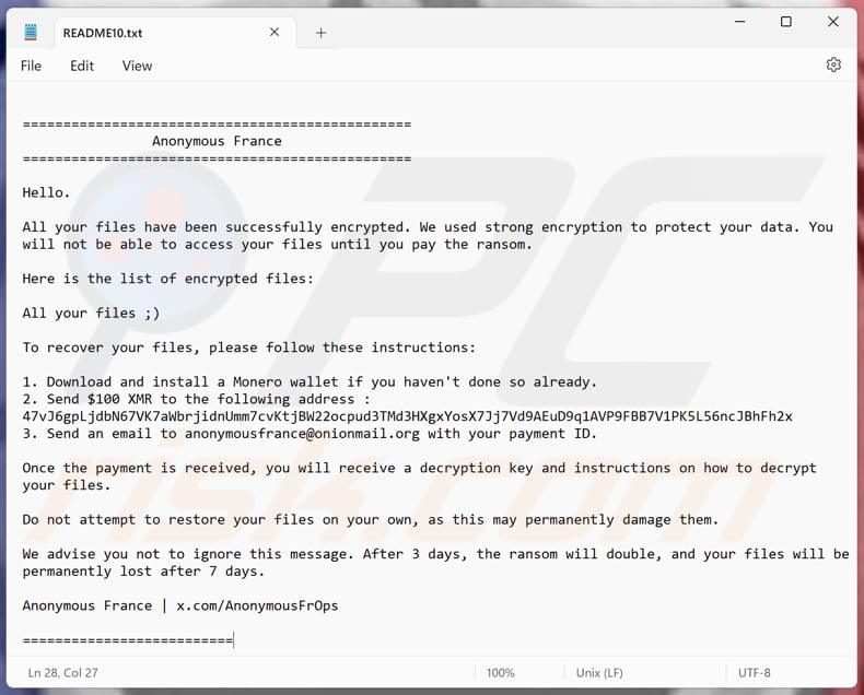 Anonymous France ransomware text file (README1.txt - README10.txt)
