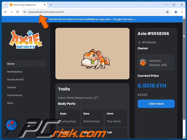 Appearance of Axie Infinity Claim scam (GIF)