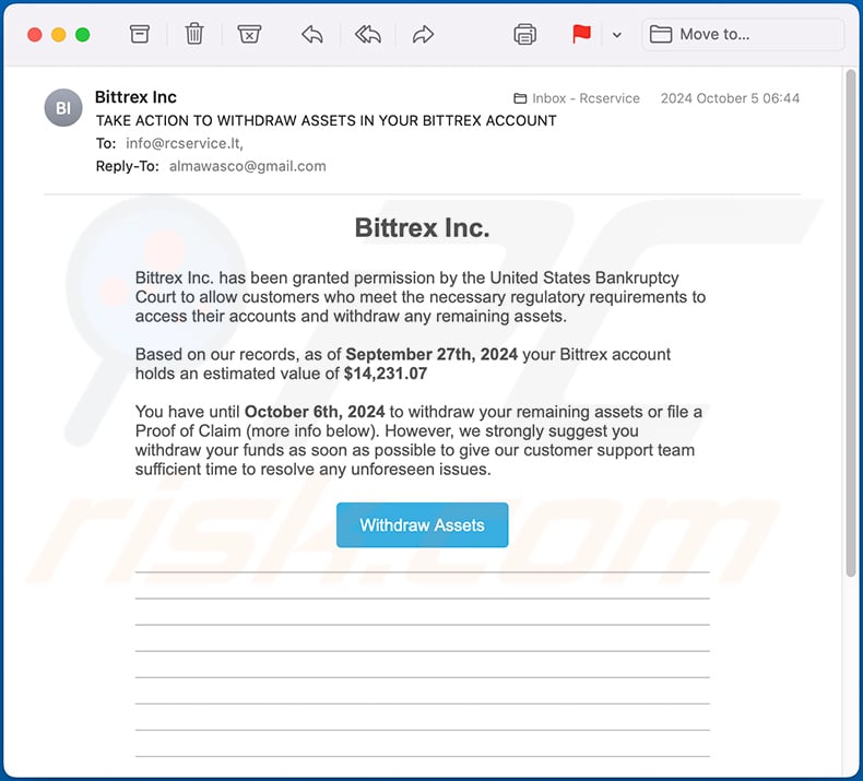 Bittrex-themed spam email (2024-10-09)