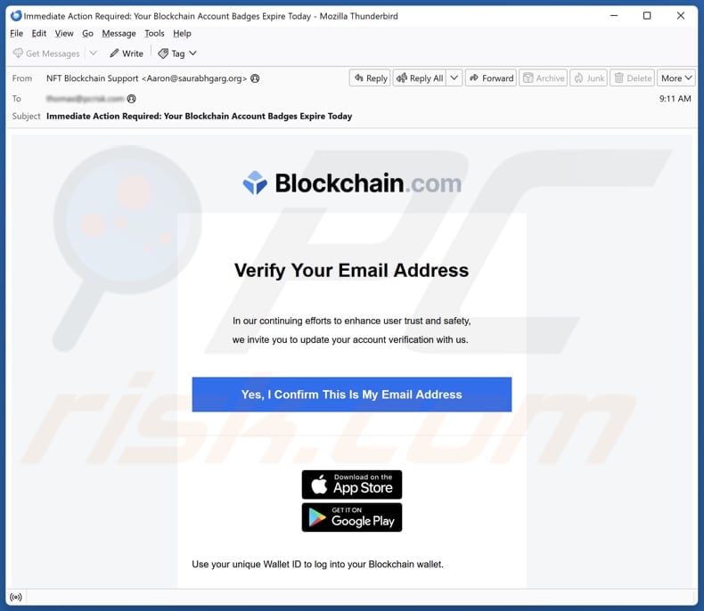 Blockchain.com - Verify Your Email Address email spam campaign