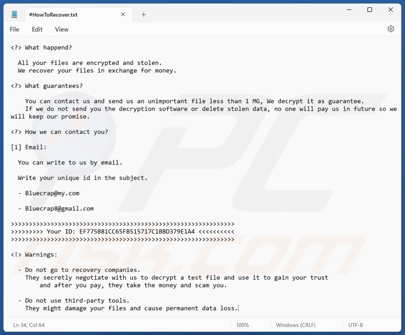 Blue ransomware ransom note (#HowToRecover.txt)