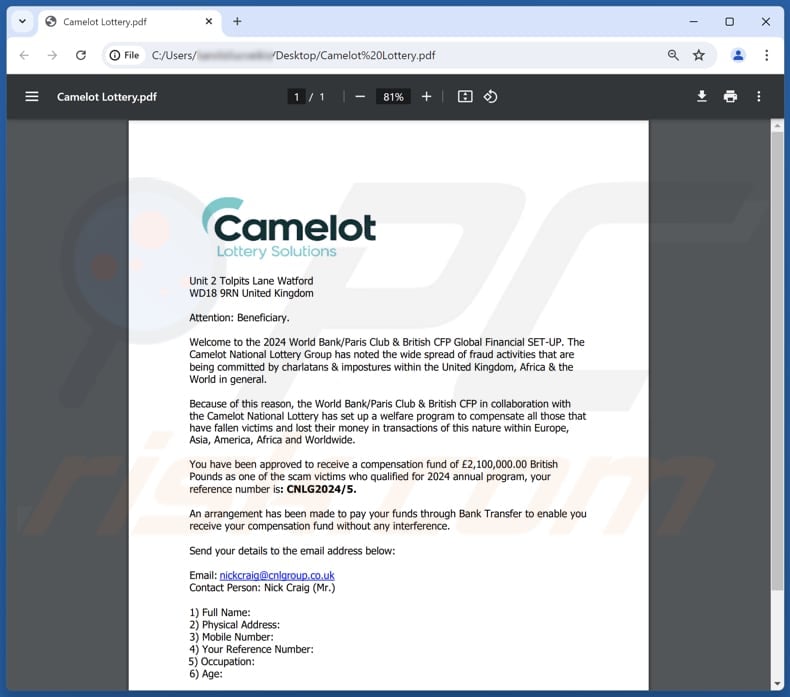 Camelot Lottery Solutions email spam campaign