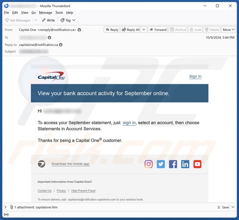 Capital One Bank Account Activity email spam campaign