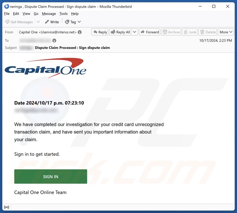 Capital One - Unrecognized Transaction Claim email spam campaign