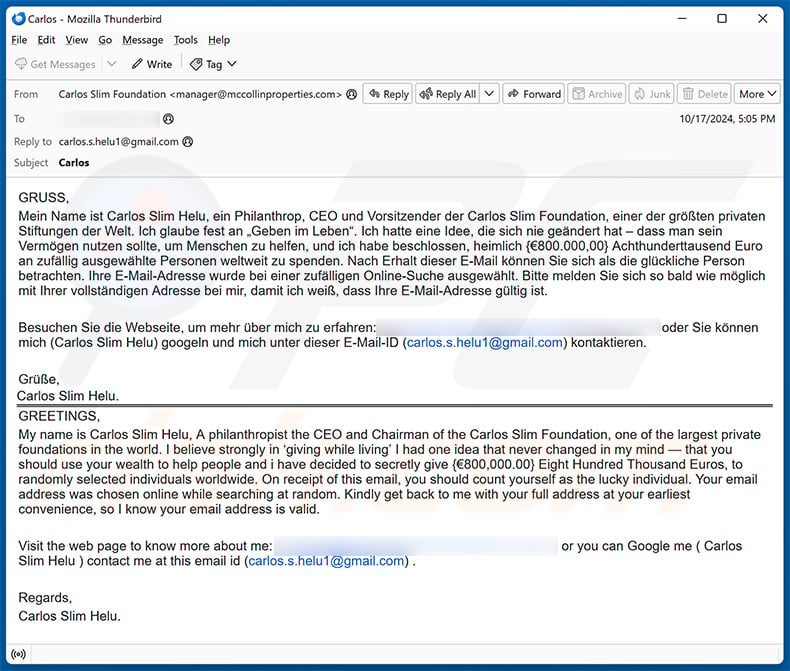 Carlos Slim Helu Charitable Foundation email scam (2024-10-21)