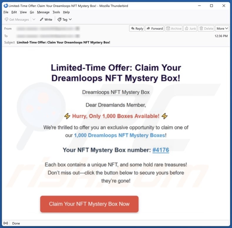 Claim Your Dreamloops NFT Mystery Box email spam campaign