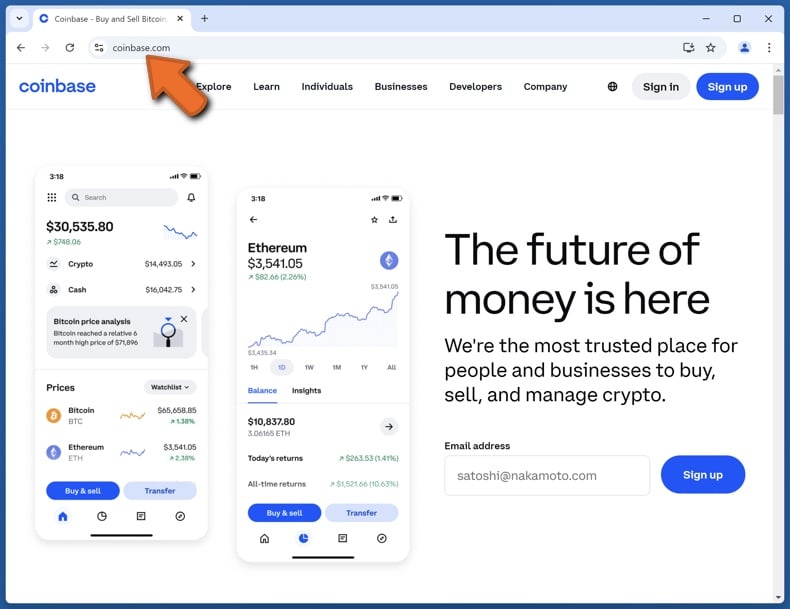 Appearance of the real Coinbase website (coinbase.com)