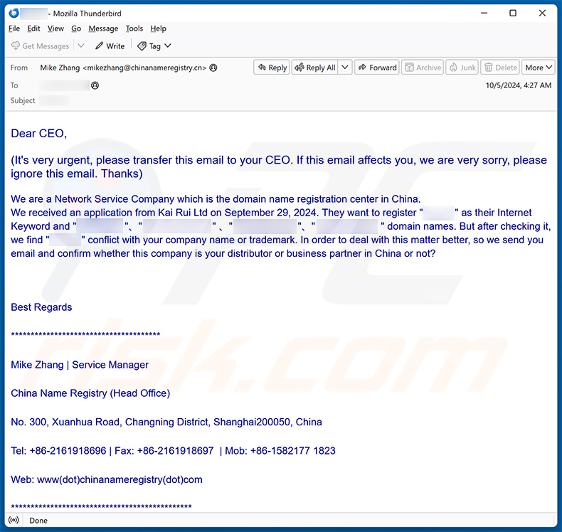 Domain/Company Name Conflict email scam (2024-10-09)