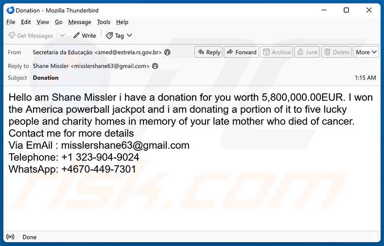 Donation From Lottery Winner email scam (2024-10-11)