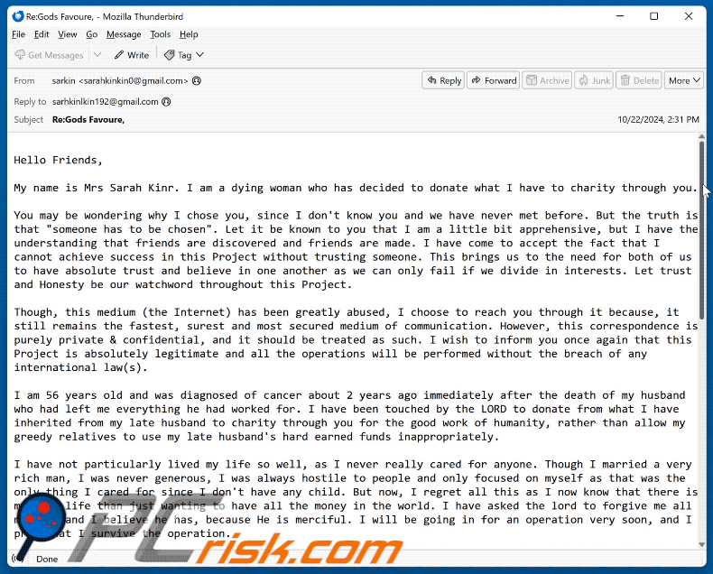 Donation To Charity Through You scam email appearance (GIF)