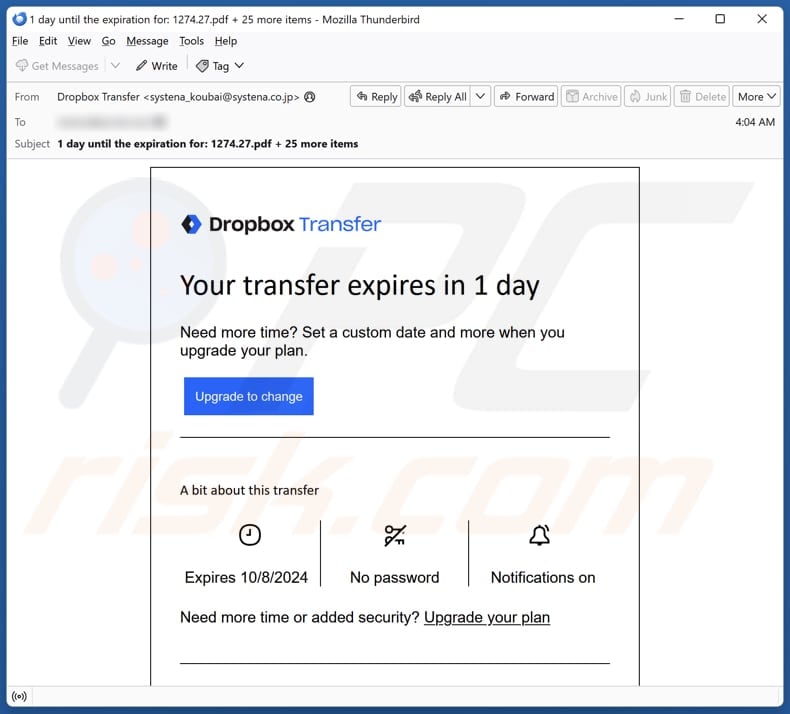 Dropbox - Your Transfer Expires email spam campaign