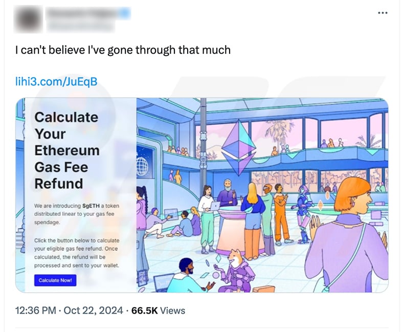 X (Twitter) post promoting Ethereum Gas Fee Refunds drainer website (ethereum-org.dex-dd[.]com)