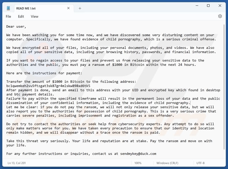 Evidence Of Child Pornography ransomware text file (READ ME !.txt)
