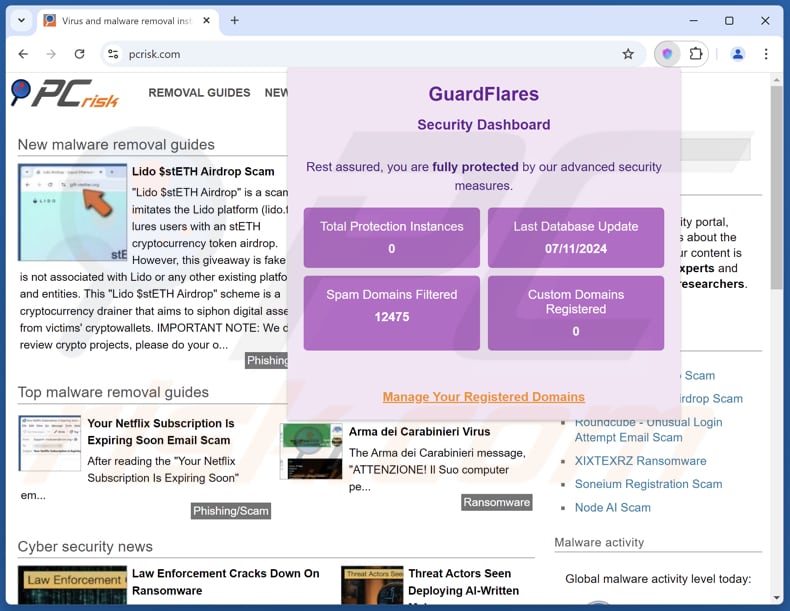 GuardFlare adware extension appearance