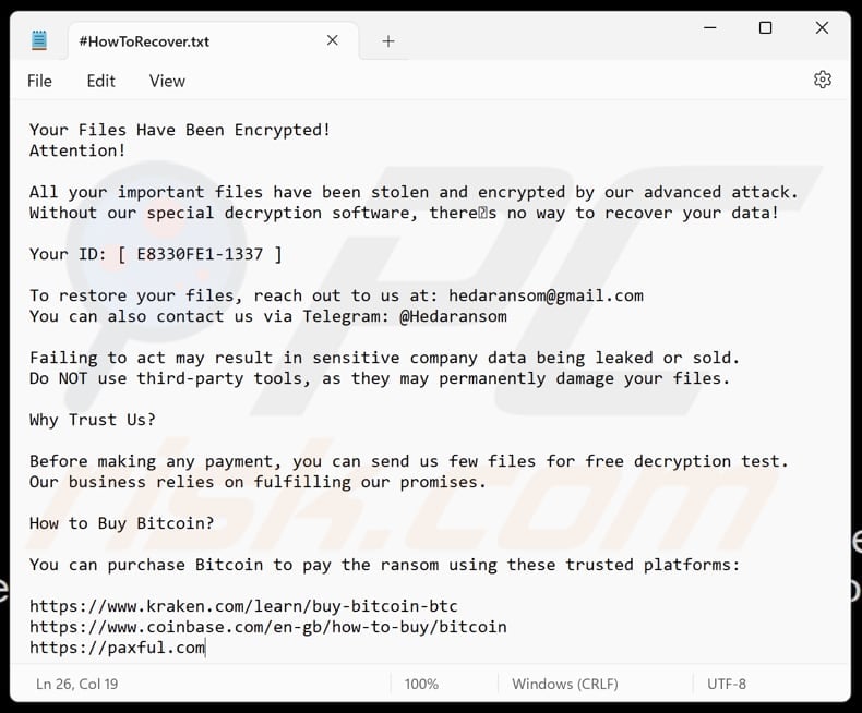 Heda ransomware text file (#HowToRecover.txt)