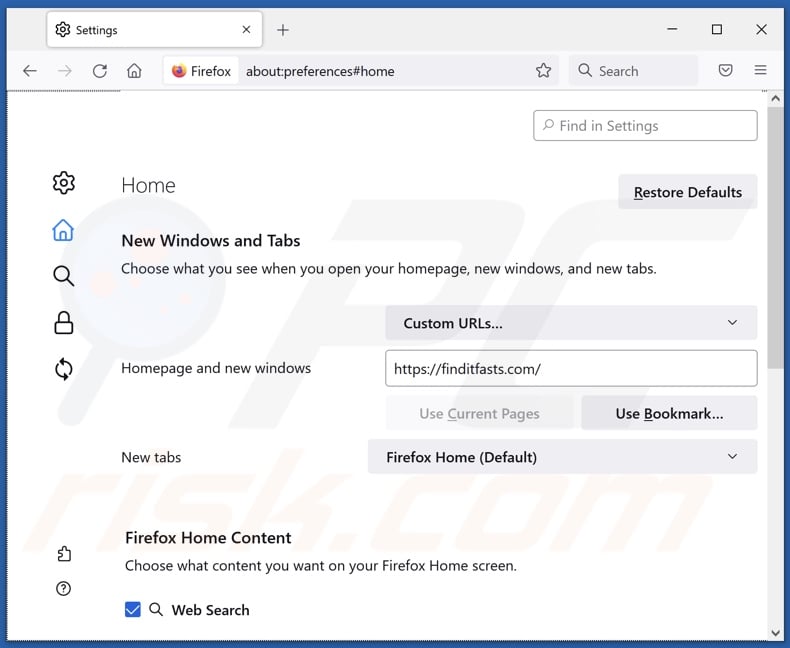 Removing finditfasts.com from Mozilla Firefox homepage