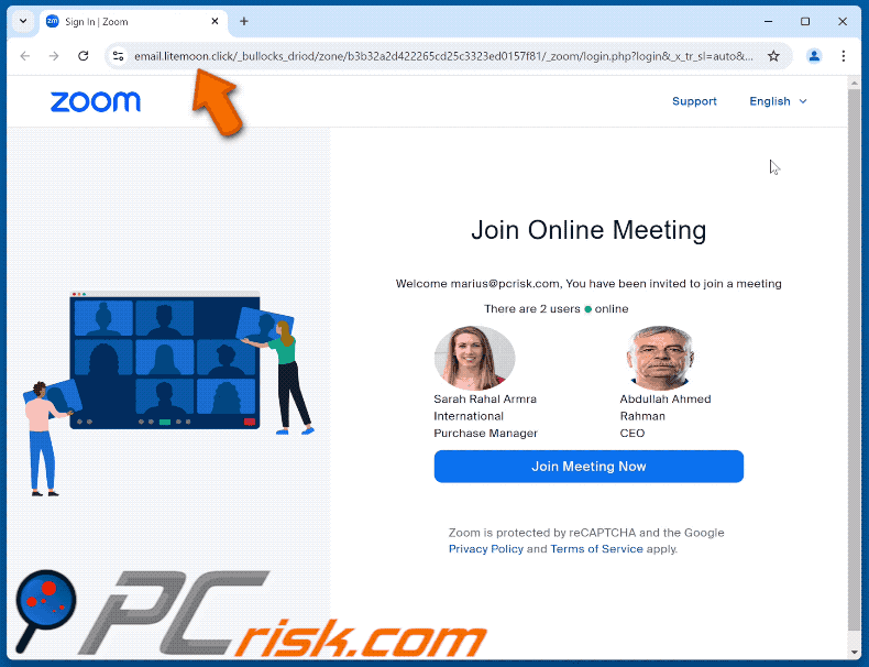 Join Zoom Meeting scam email promoted phishing site appearance (GIF)