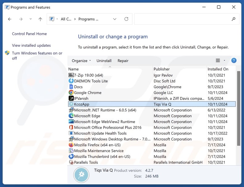 KcozApp uninstall via Control Panel