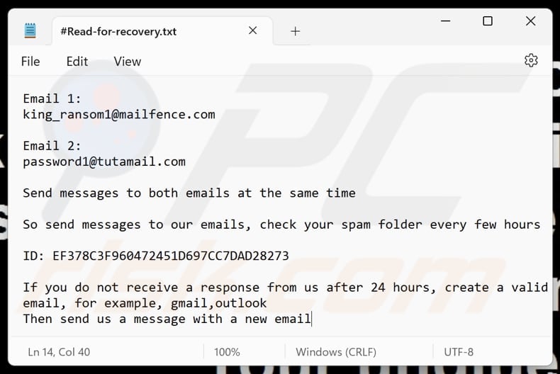 King ransomware text file (#Read-for-recovery.txt)