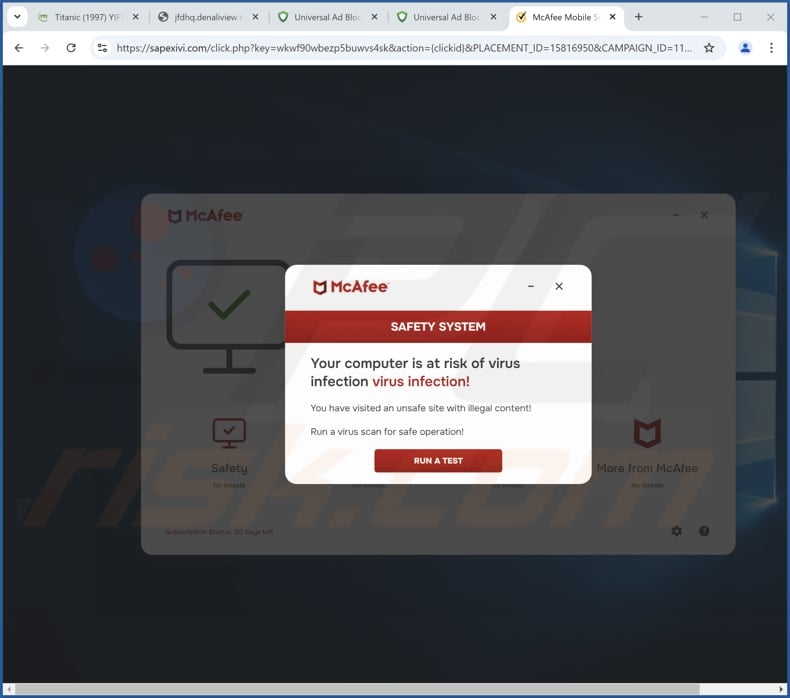 McAfee - Computer Is At Risk Of Virus Infection scam