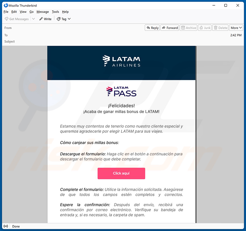 LATAM Airlines-themed spam email spreading Mekotio trojan