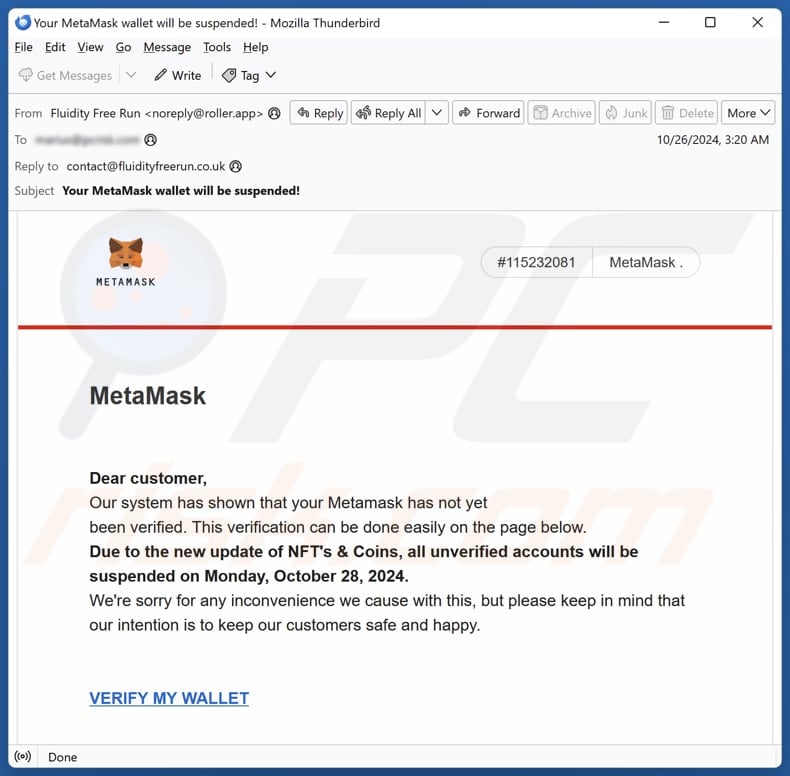 MetaMask Wallet Verification email spam campaign