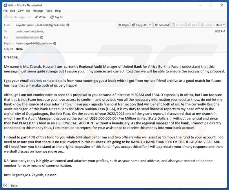Moving Funds To Your Account email spam campaign