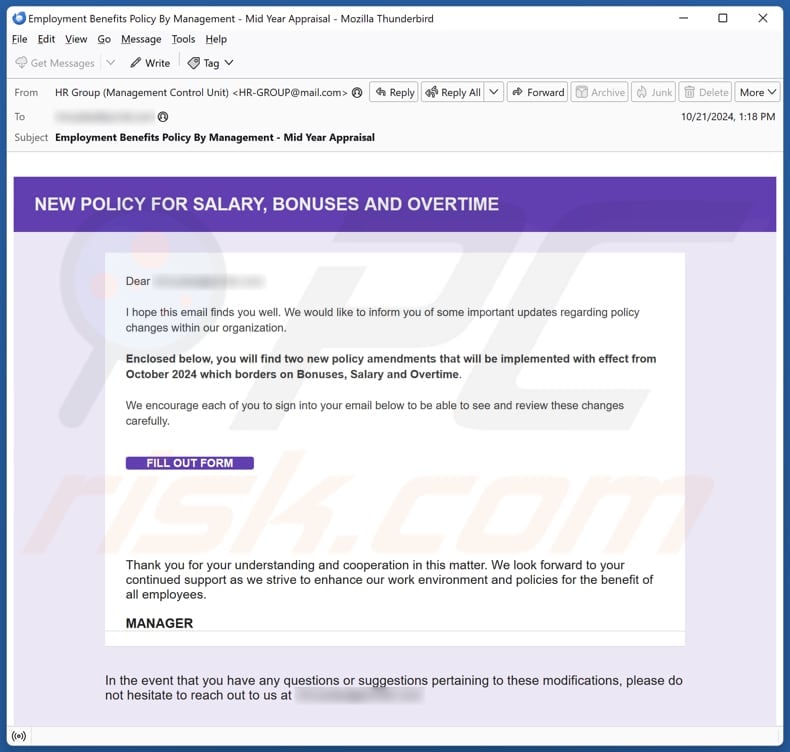 New Policy For Salary, Bonuses And Overtime email spam campaign