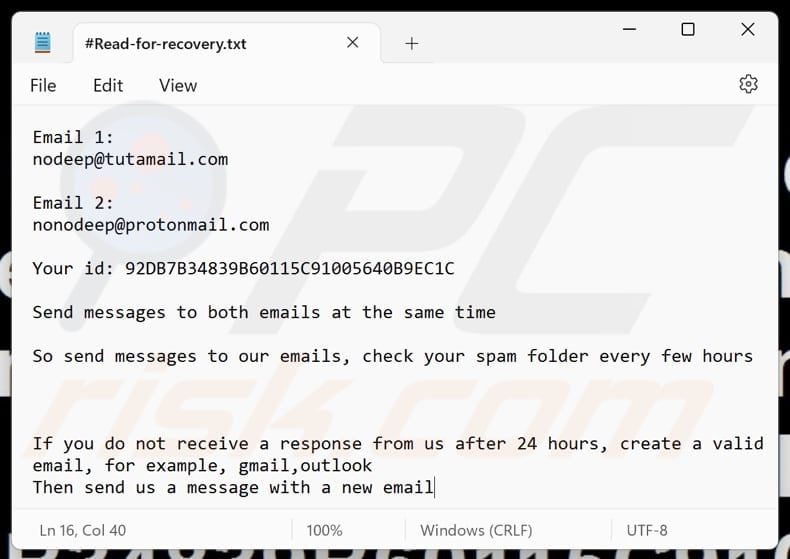 NoDeep ransomware text file (#Read-for-recovery.txt)